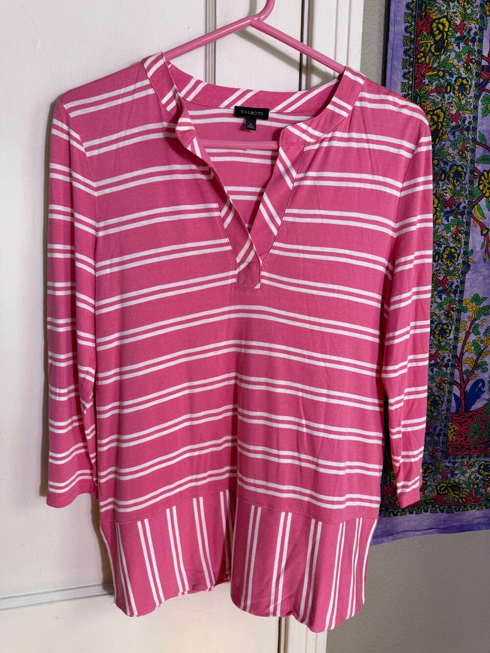 Talbots Small Pink White Striped Tunic Top Split Neck Mixed Stripe Hem